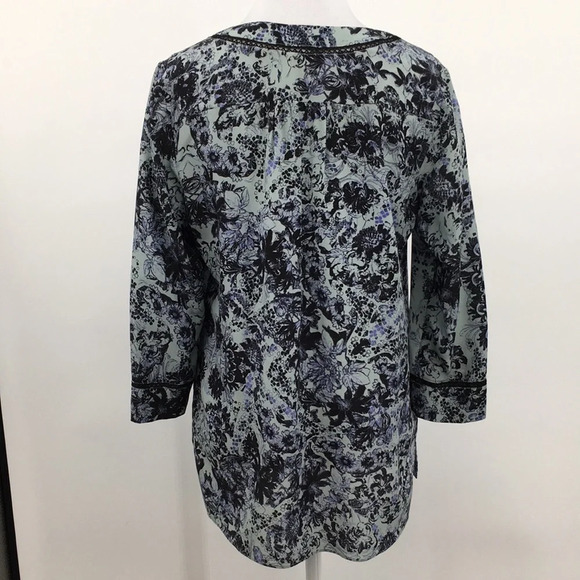 Rebecca Taylor Blouse Womens 0 Blue Black Floral Kiku Print 3/4 Sleeve Silk Top‎ - Picture 5 of 12
